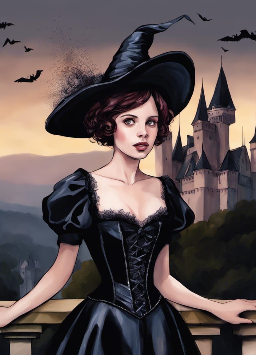 Confident Witch Portrait on Gothic Castle Parapet