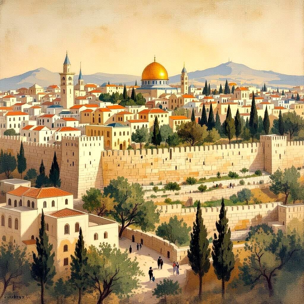 Ancient Jerusalem Painting in Traditional Jewish Art Style