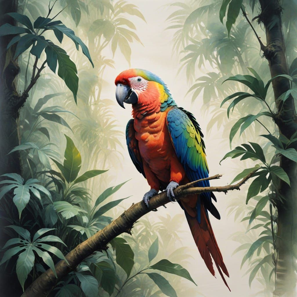 Vibrant Parrot in Rainforest Canopy: Ink Wash