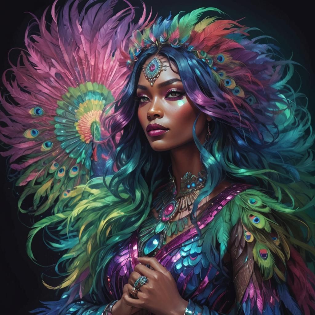 Stunning Woman with Peacock Feather Hair in Pixar Style