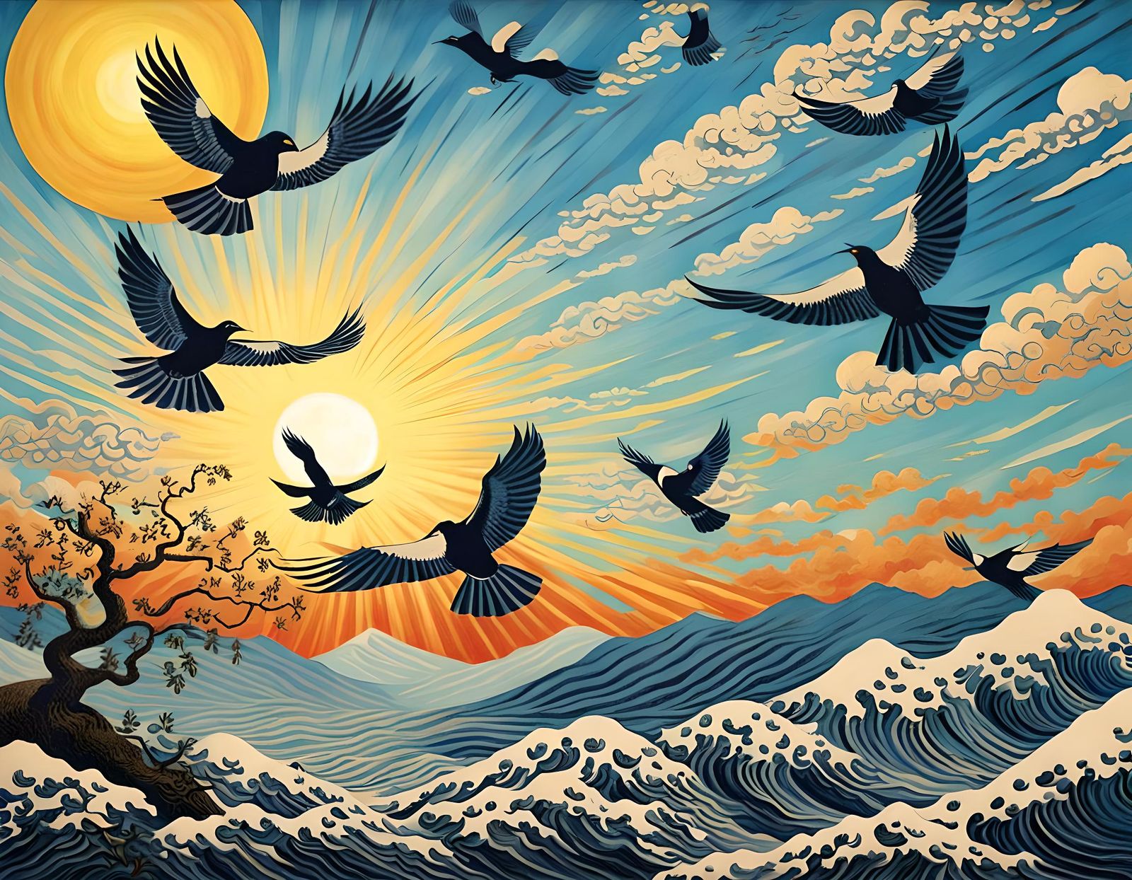Birds Flying in Sunny Sky: Ukiyo-e Impressionism