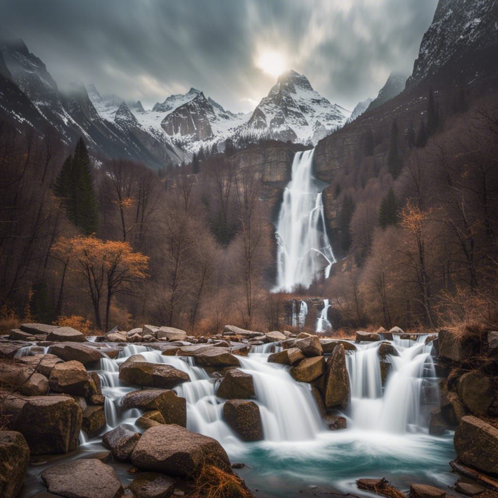 Majestic Waterfall Flowing Down Mountainside: Photography