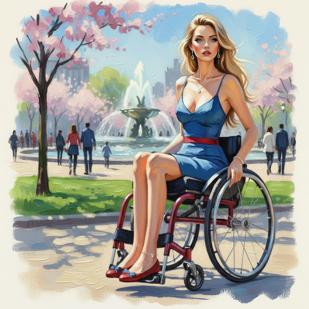 Paraplegic Woman in Crimson Wheelchair in Spring Park