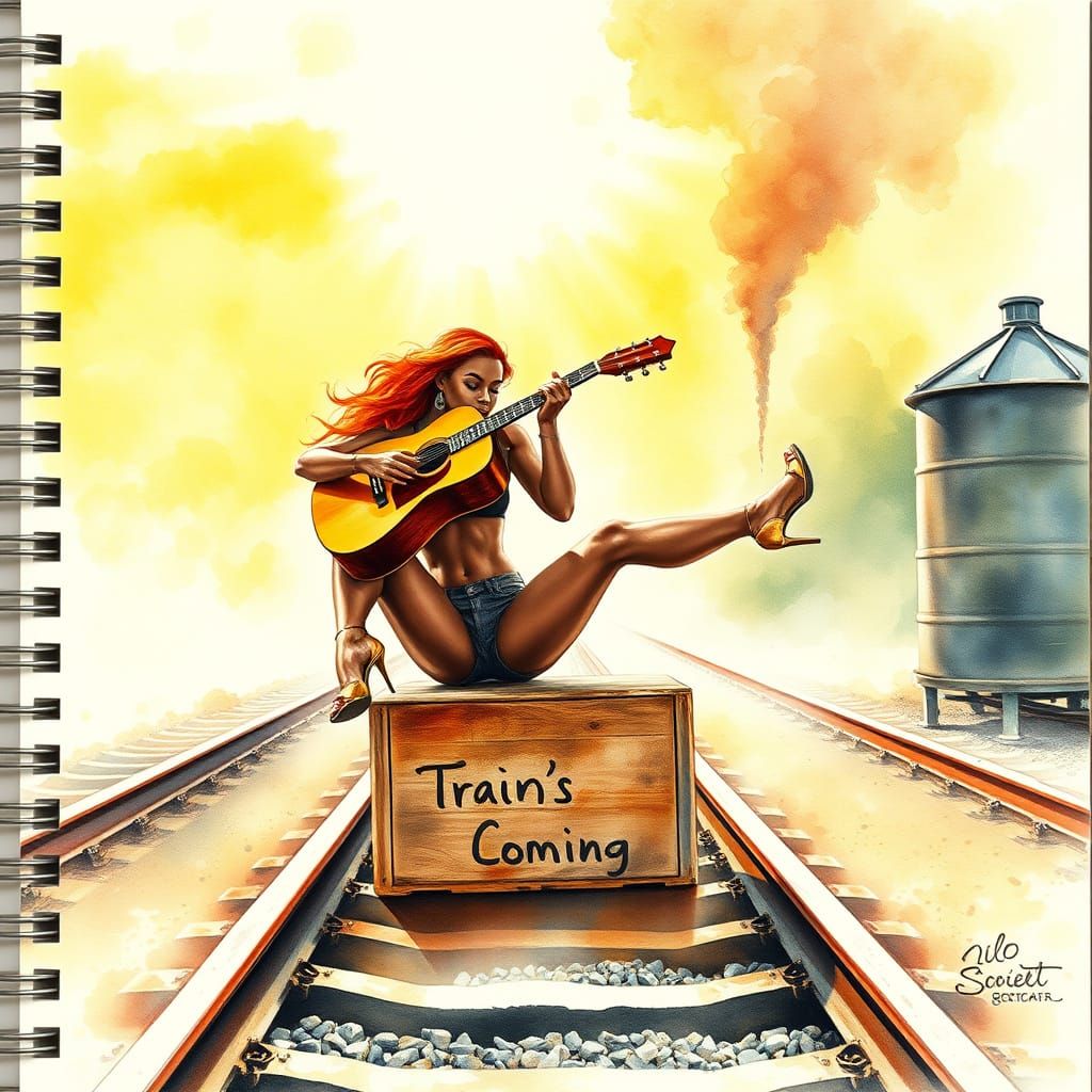 Redhead Pin-Up at Railroad: Watercolor Art