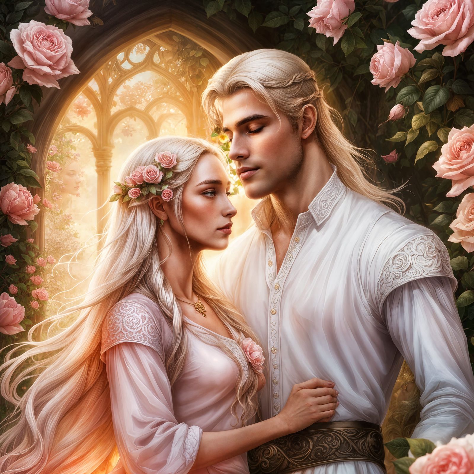 Romantic Elven Couple in Rose Garden, Art Nouveau