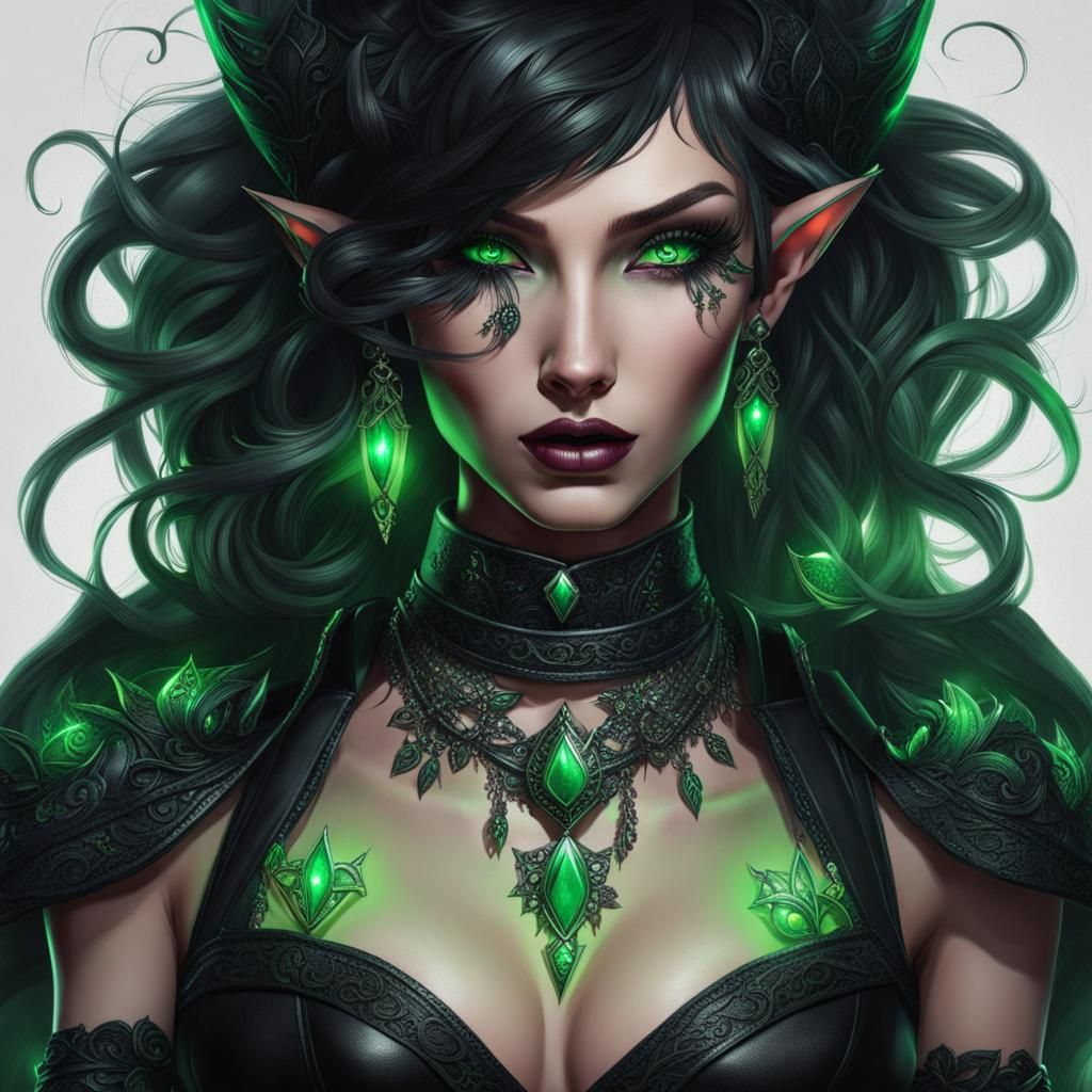 Elf Dark Witch with Green Tattoos