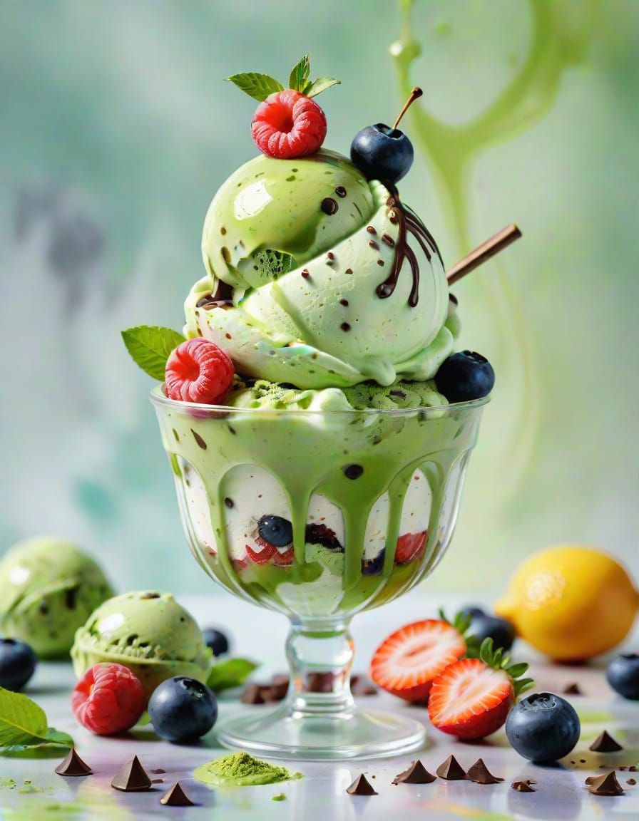 Matcha Ice Cream Parfait in Watercolor Style
