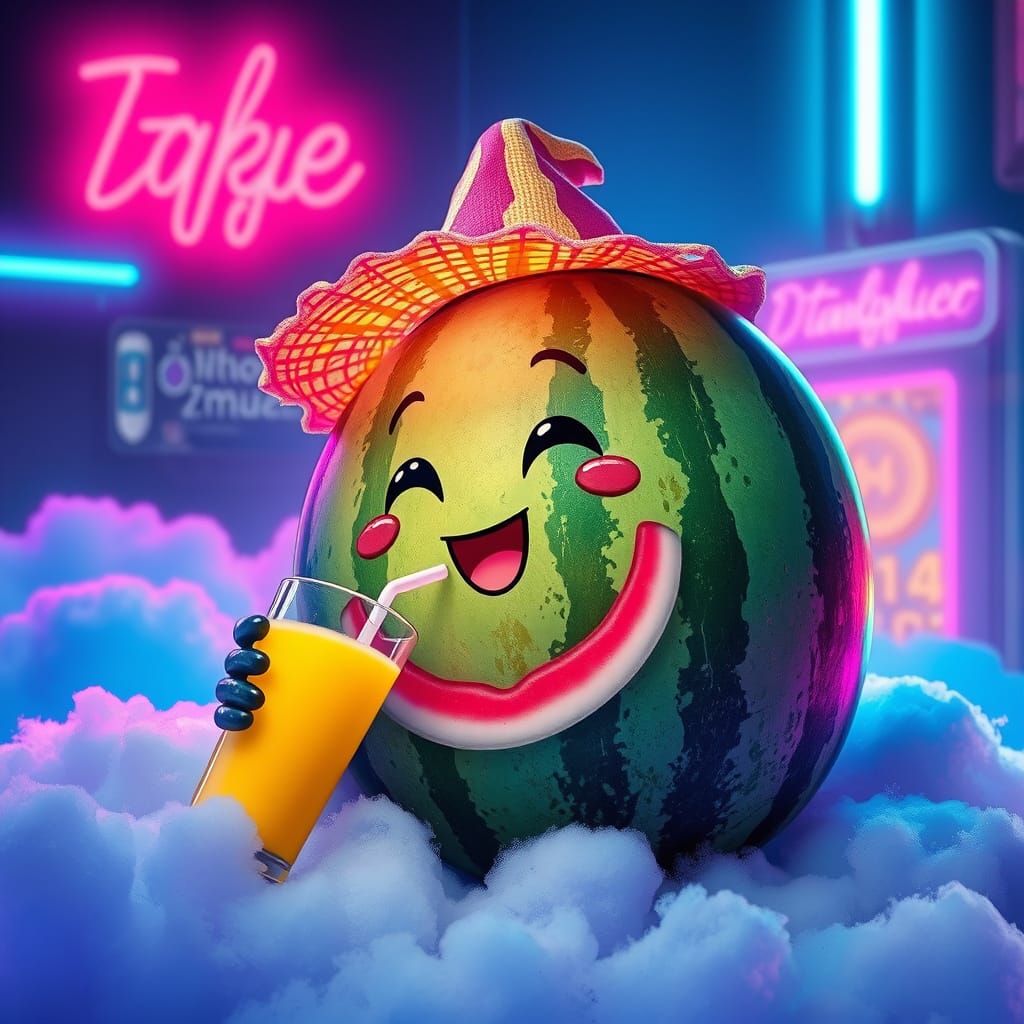Cyberpunk Watermelon Sipping Milkshake on Cloud