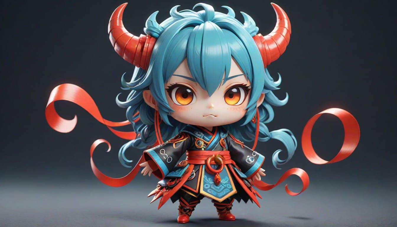 Chibi Demon with Exaggerated Pose in Vibrant Textured Clothi...