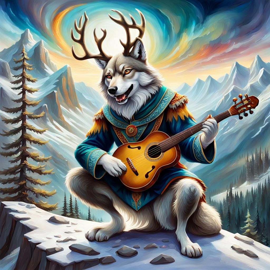 Anthropomorphic Wolf Minstrel Plays Lute Under Crescent Moon