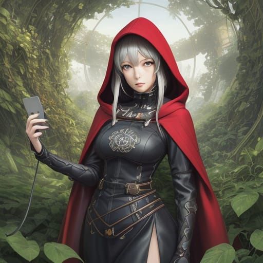 Little Red Riding Hood. Mature, adult, curvy and lithe-bodied. Solarpunk. Cables and pipes coming out of everywhere. Mac...