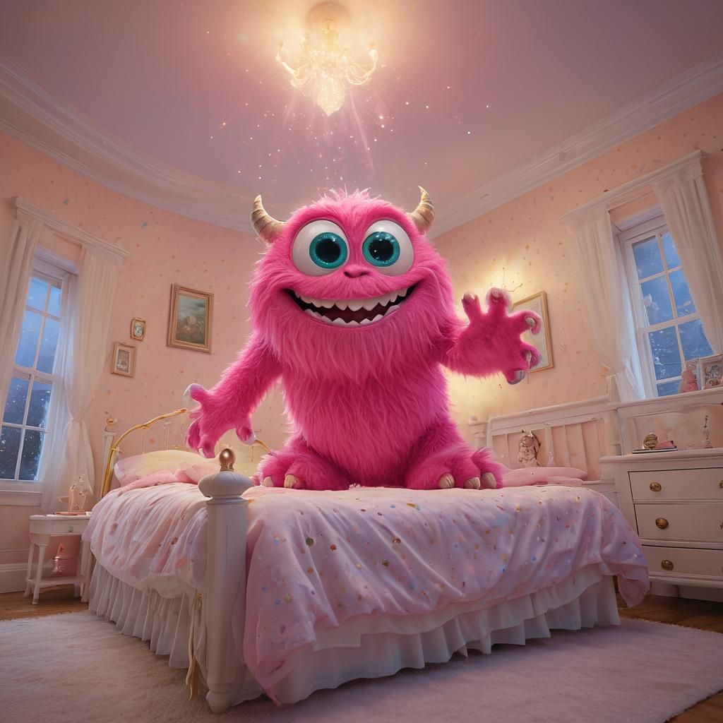 Cute Pink Monster Under Bed in Ethereal Glow