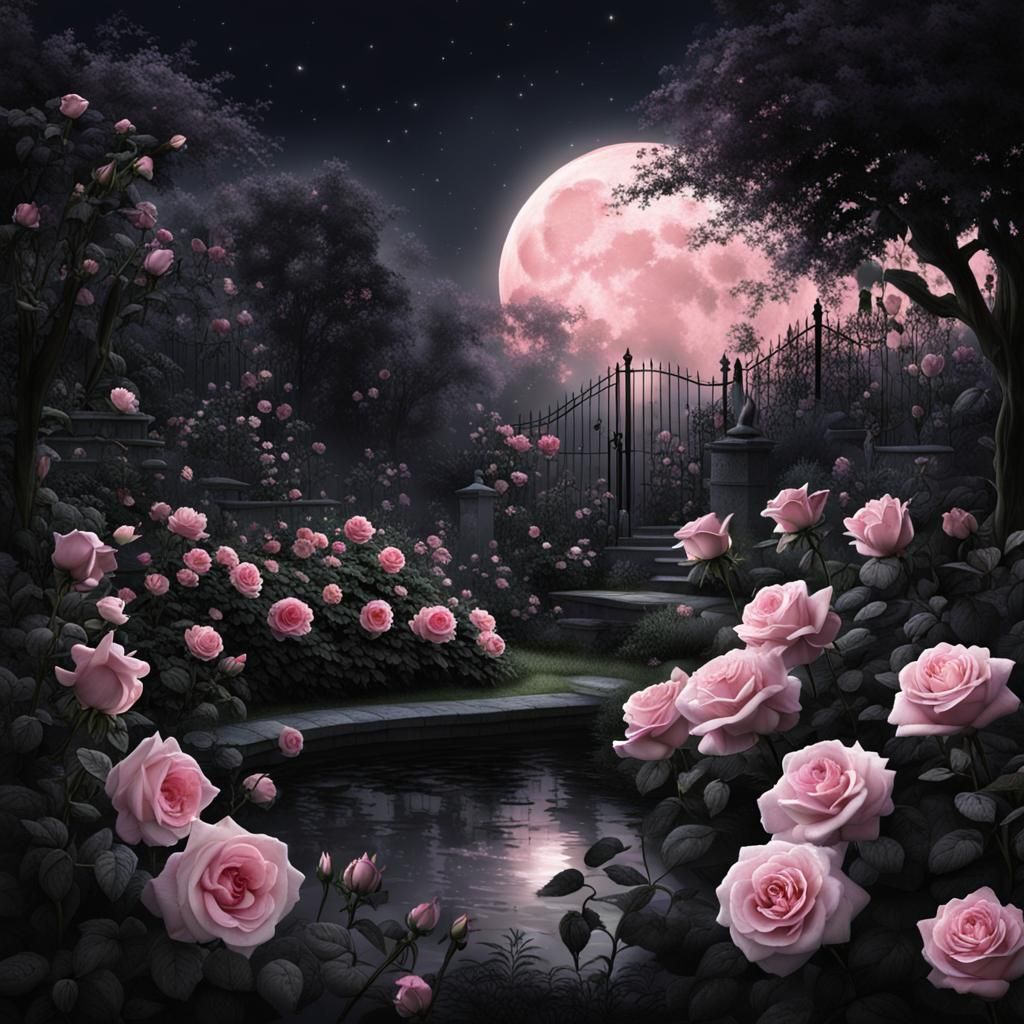 Moonlit Garden of Black Roses with Pink Glow