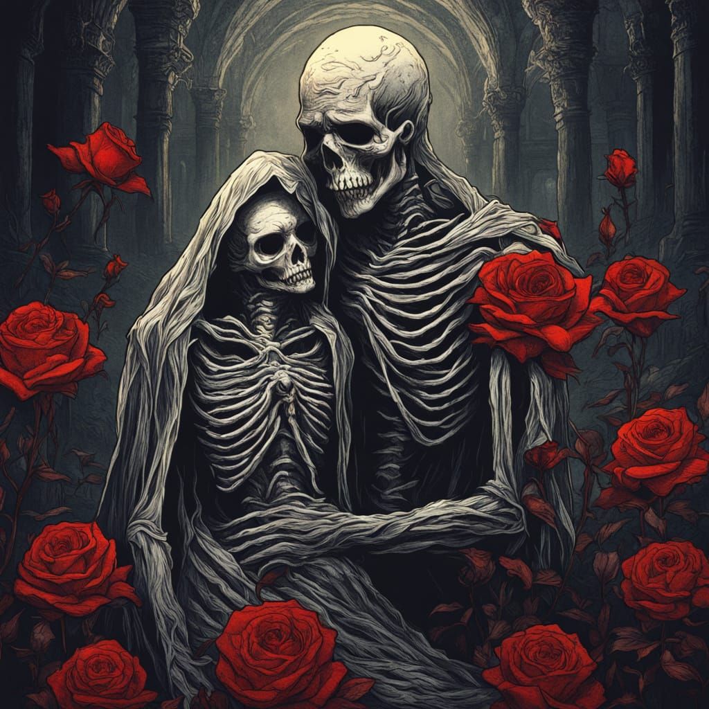 Gothic Mummies Embrace Amidst Blood Red Roses