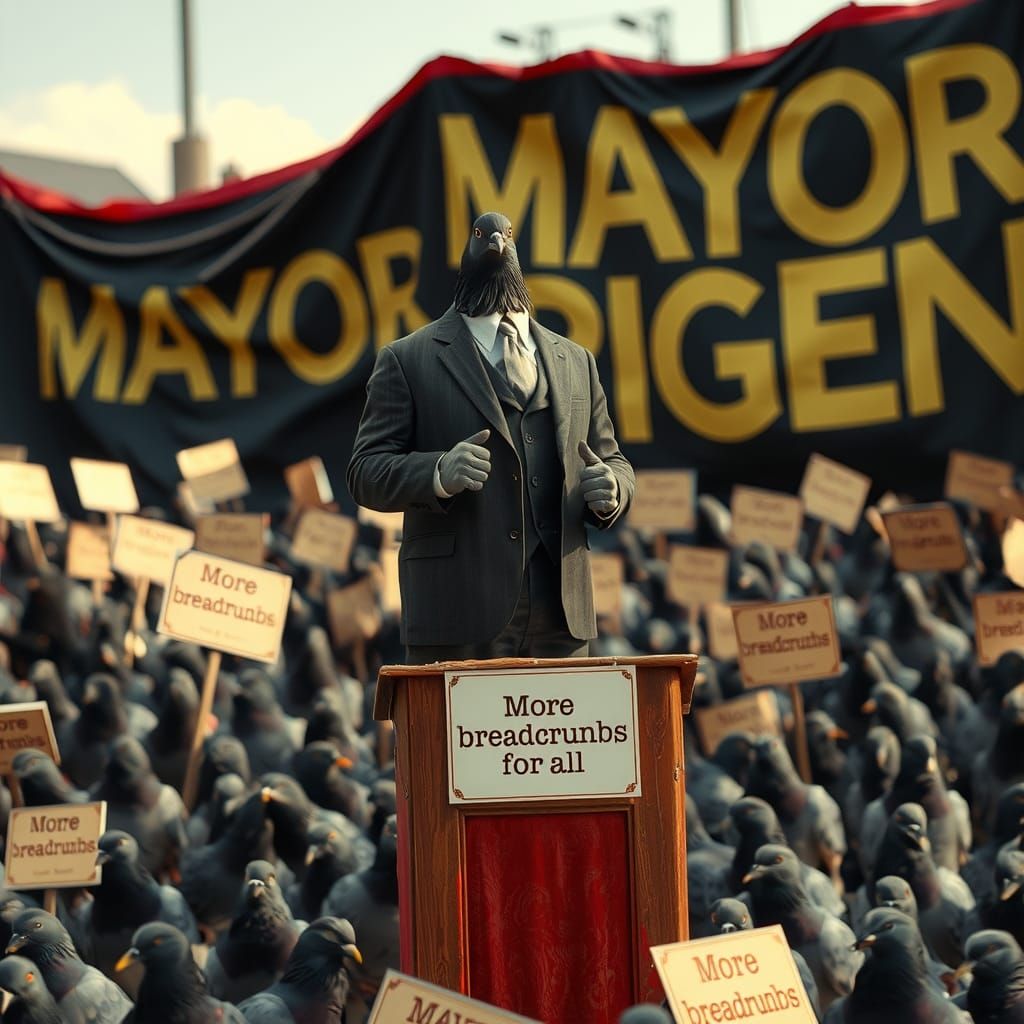 Charismatic Pigeon Orating to Crowd, Cinematic Film Still