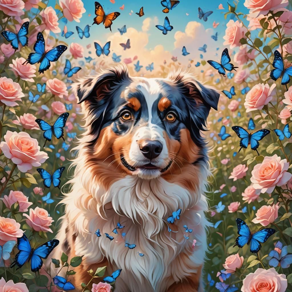 Anime Australian Shepherd in Rose Field
