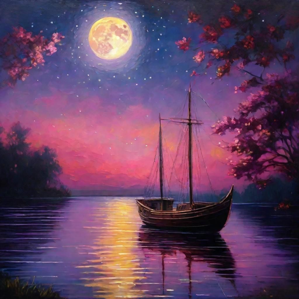 Moonlit River: Vintage Ship in Oil Painting Style