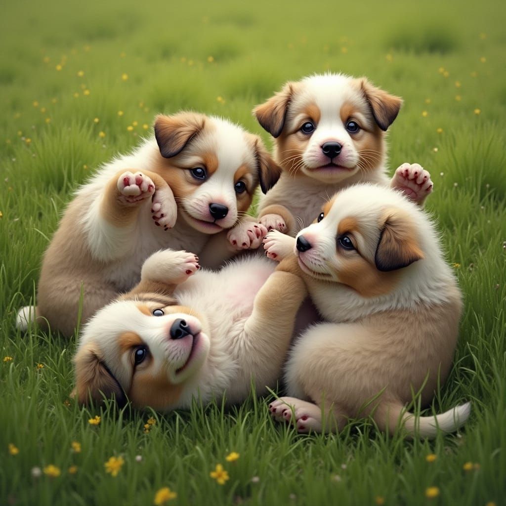 Whimsical Kelpied Puppies Play in Emerald Grass