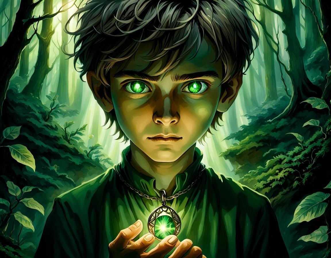 Boy in Forest with Glowing Pendant: Dark Fantasy Art
