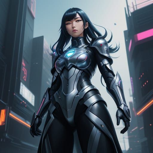 Vibrant Anime Warrior in Futuristic Metropolis