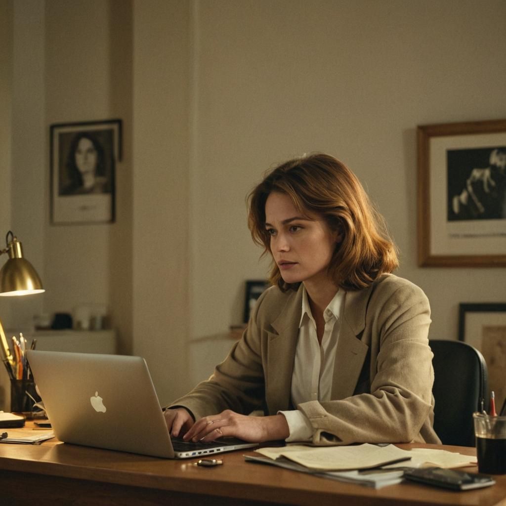 Woman at Desk with Laptop in Film Noir Style