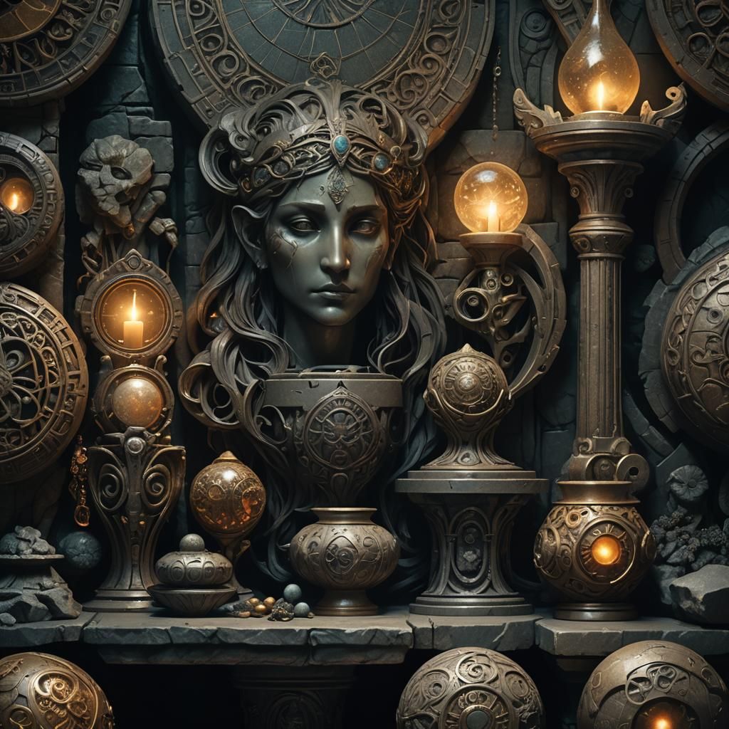 Mystical Dark Fantasy Objects in Art Nouveau Style