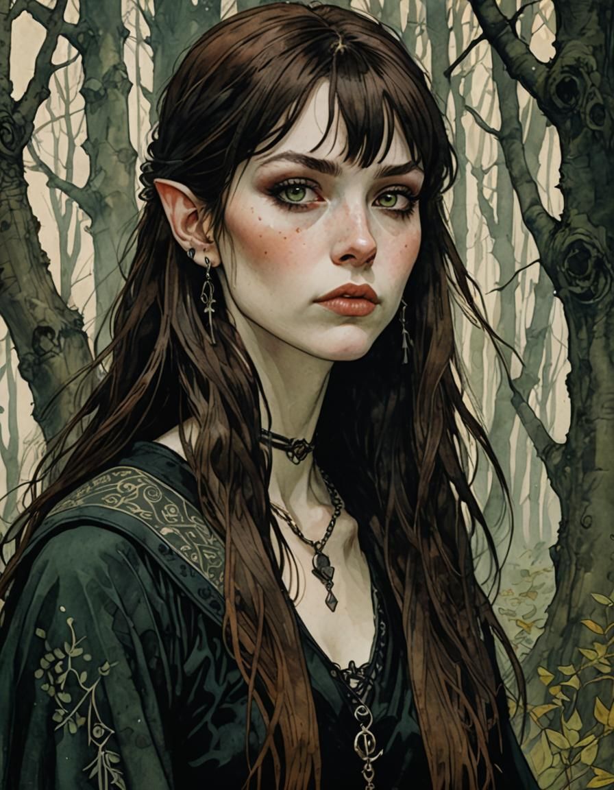 Punk Goth Sorceress in Magical Forest Illustration