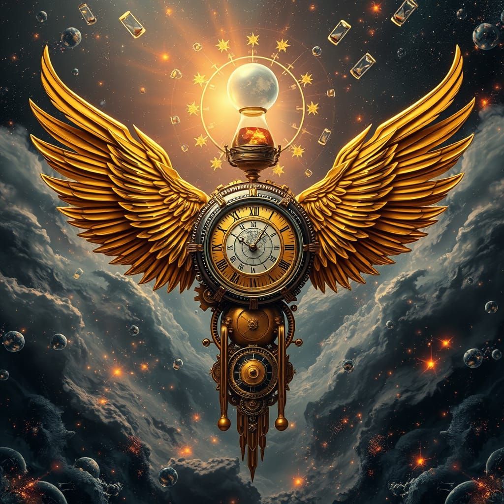 Interstellar Timekeeper with Golden Wings in Cosmic Storm