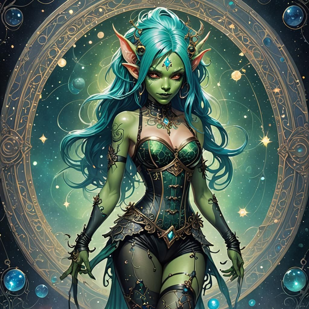 Goblin Pin-Up with Cosmic Tattoos