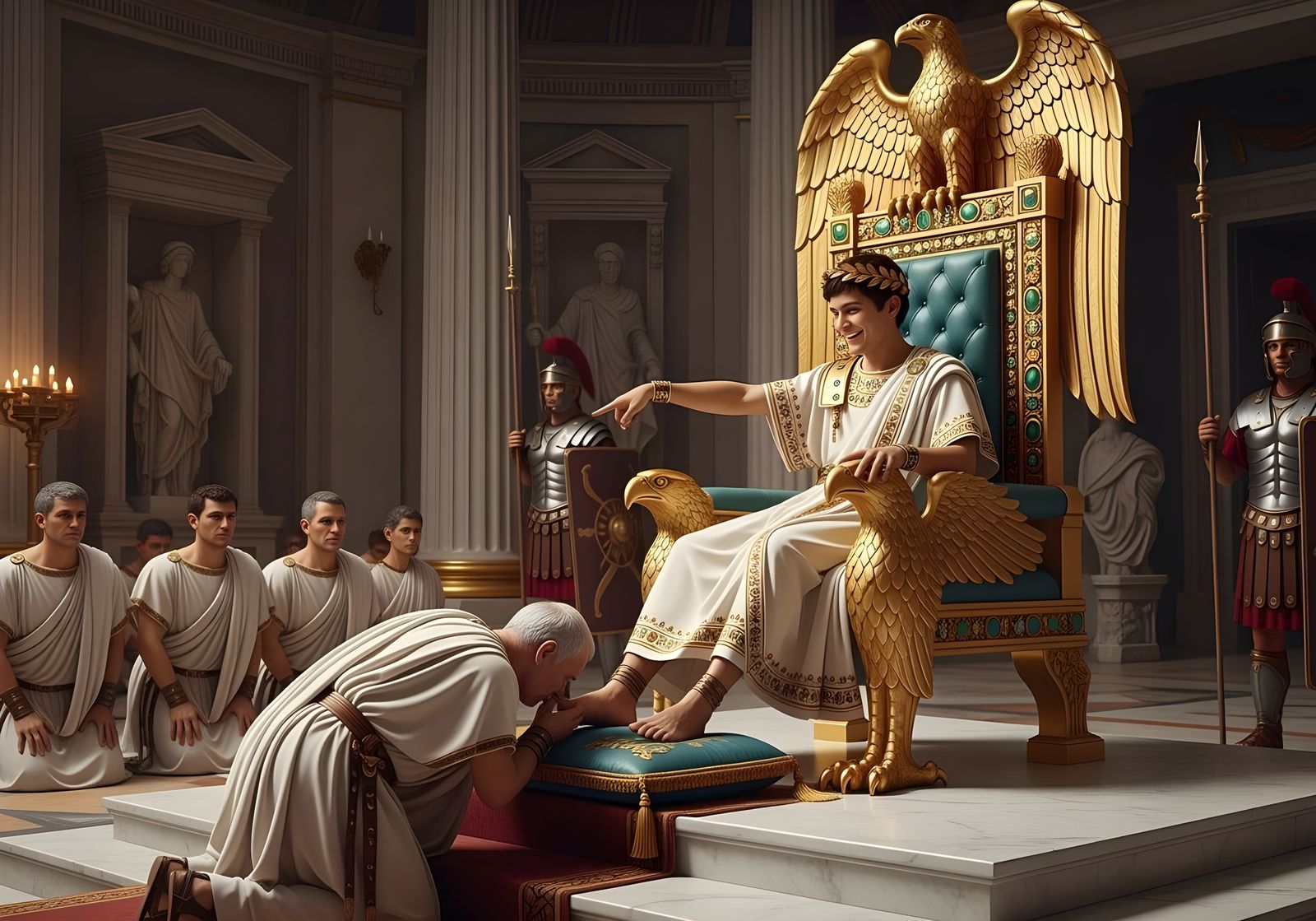 Emperor Nero on Gold Throne, Roman Senator Homage