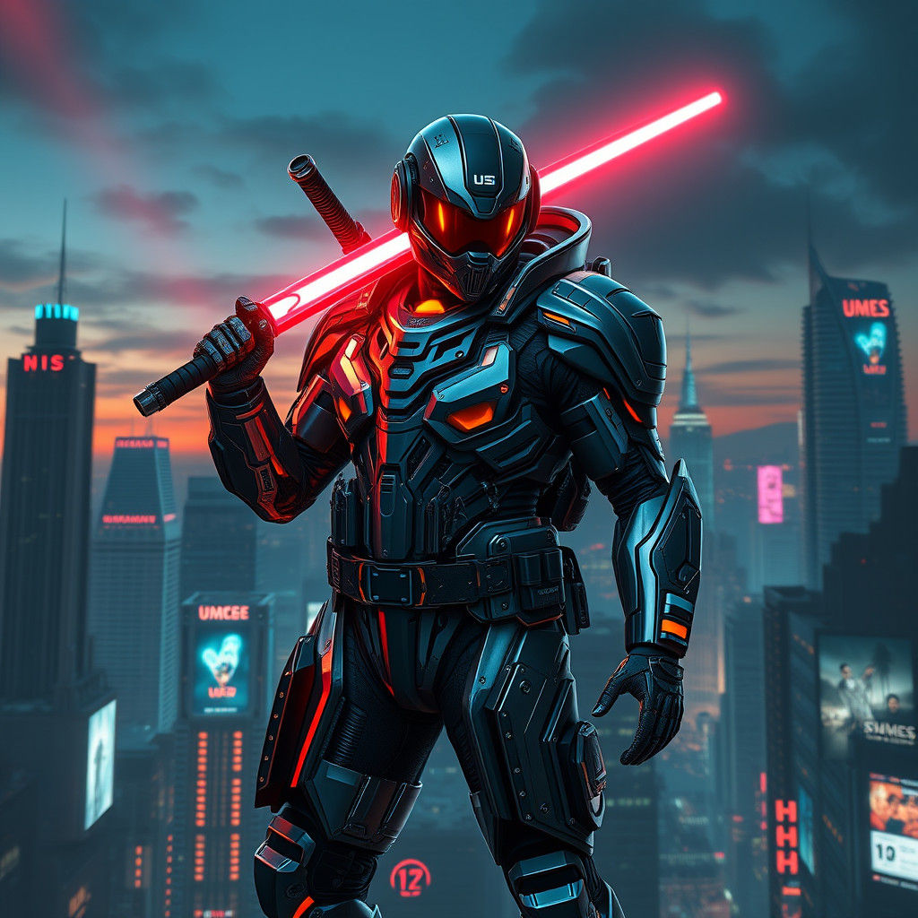 Futuristic Military Champion with Laser Sword in Cyberpunk C...