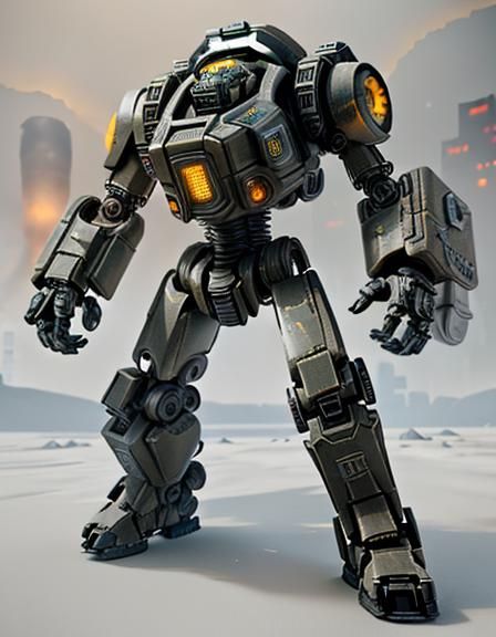 Power Armor in Giger Style Amidst Nuclear Wasteland