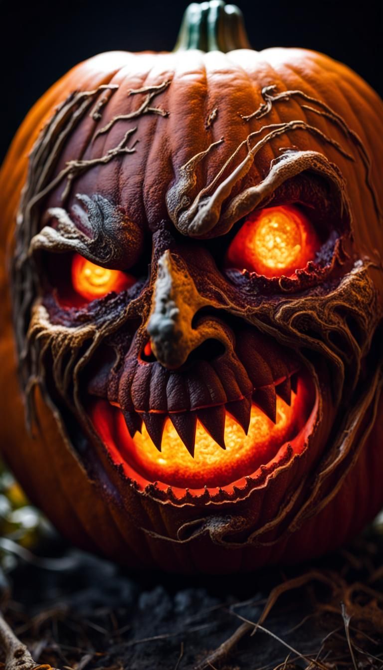 Hyperdetailed Rotten Halloween Pumpkin with Fireflies