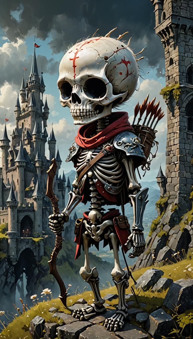 Chibi Skeleton Archer on Castle, Mixed-Media Portrait