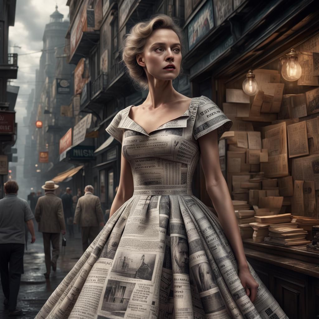 Hyperrealistic Lady in Newsprint Dress