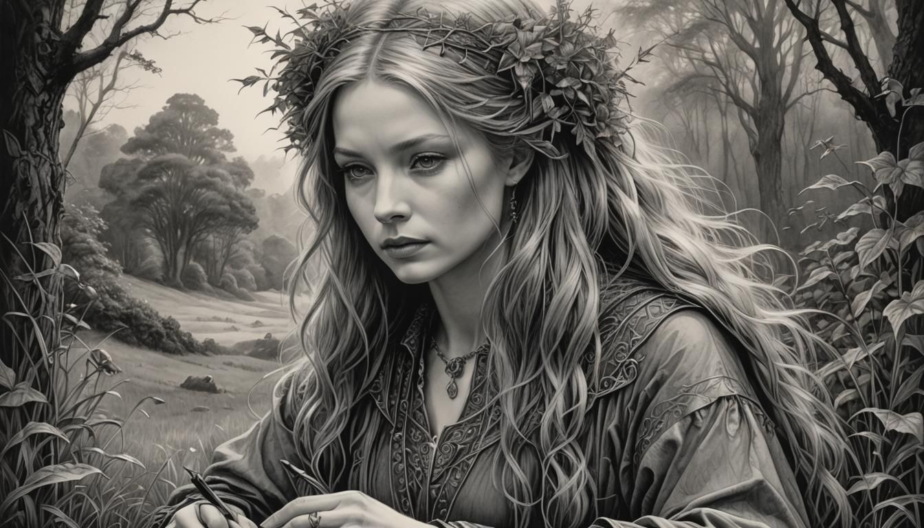 Woman Drawing in Field: Magic Realism Vector Art