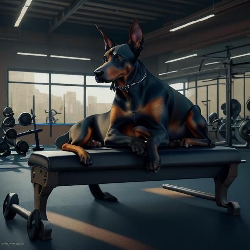 Doberman Dog Gym Workout in Detailed Matte Painting