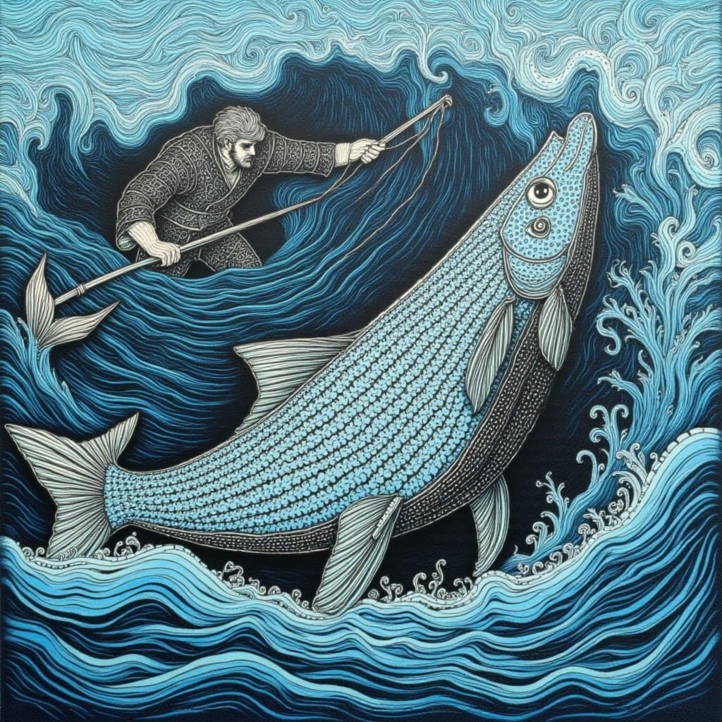 Fisherman Hooks Giant Fish in Whirlpool