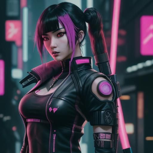 Japanese Goth Archer in Cyberpunk Neon City