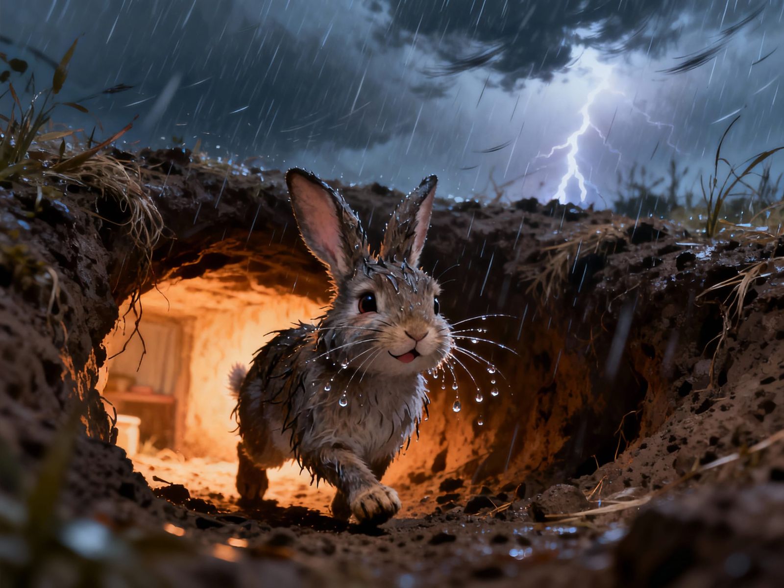 Triumphant Rabbit Returns Home Amidst Fierce Storm