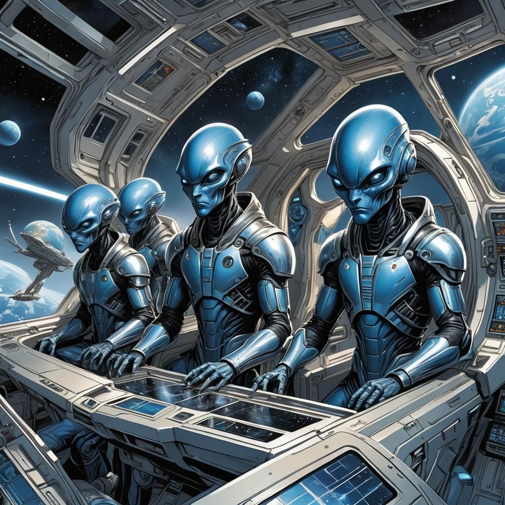 Peaceful Blue Aliens Observe Earth in Silver Spaceship
