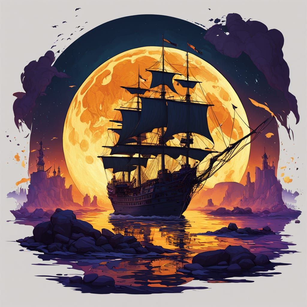 Pirate Ships Under Moonlight: Digital Matte Painting