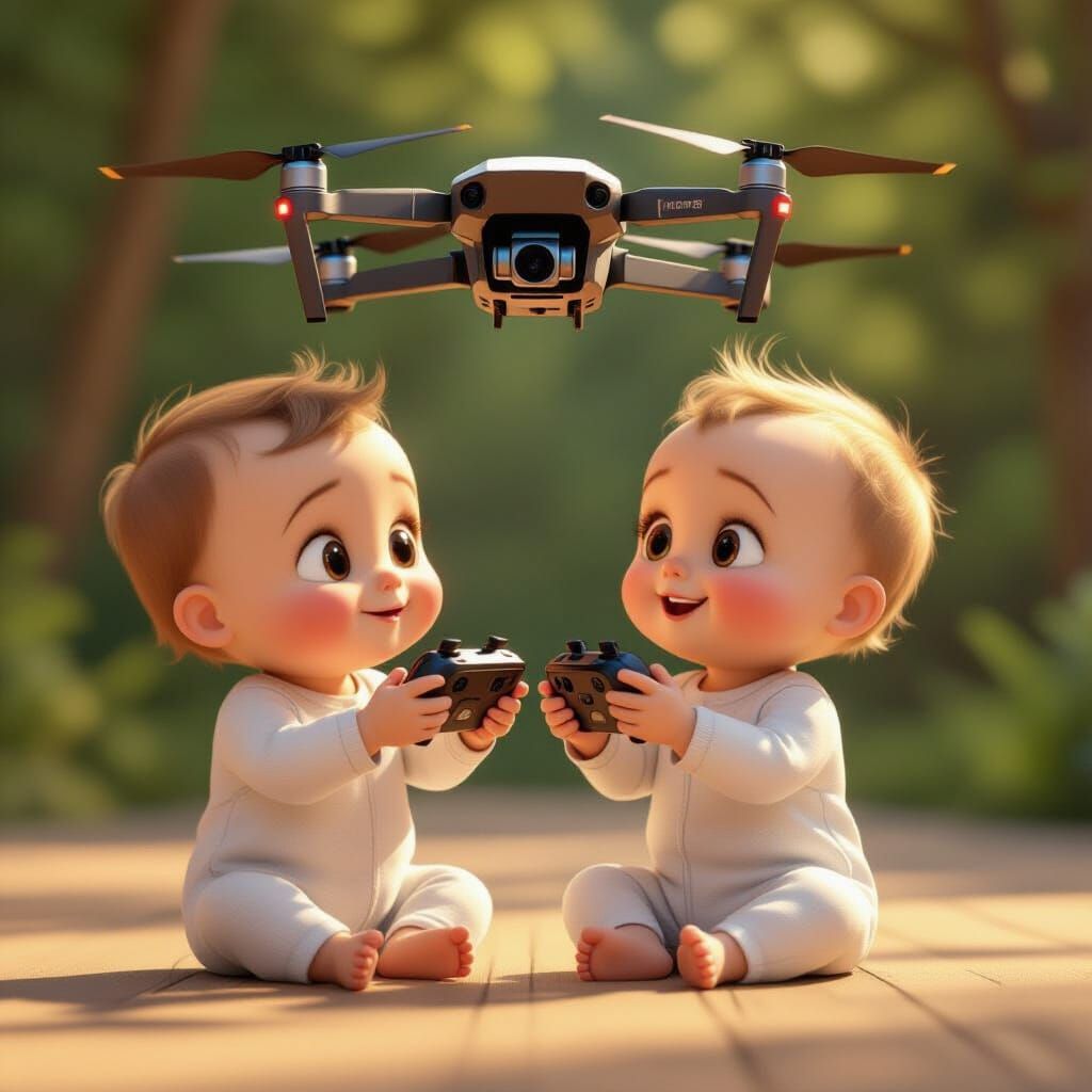 Cute Babies Pilot Drone in Pixar Animation Style