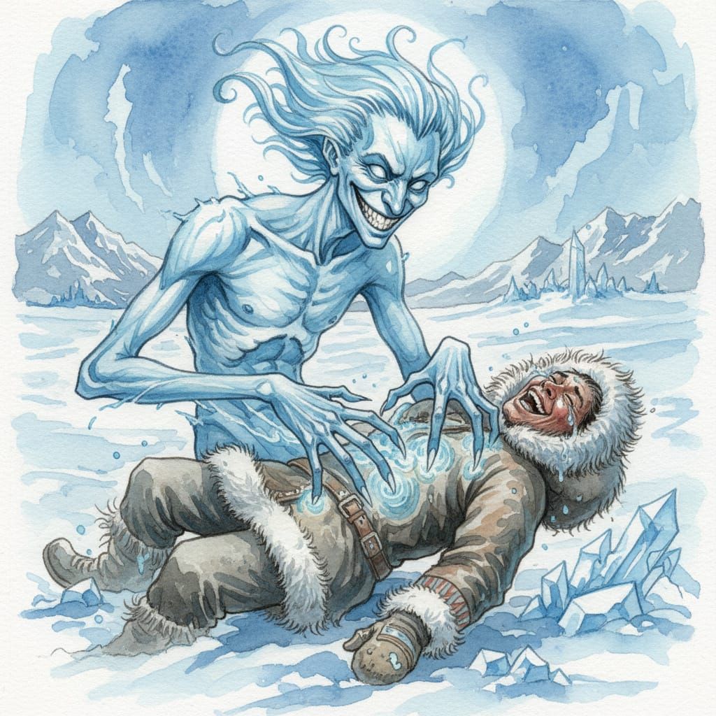 Icy Demon Tickles Traveler in Arctic Watercolor