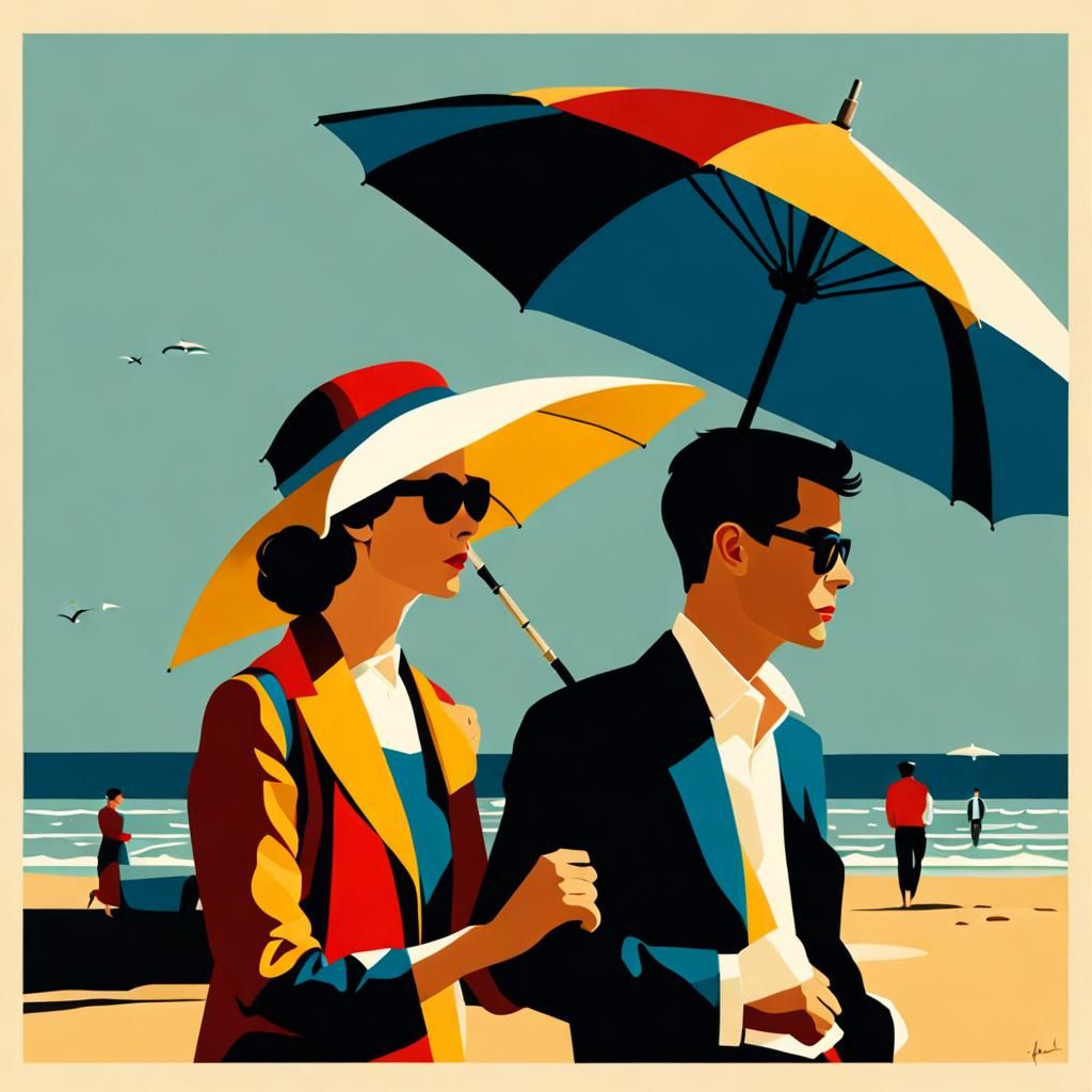 Couple on Beach with Umbrellas in Abstract Style