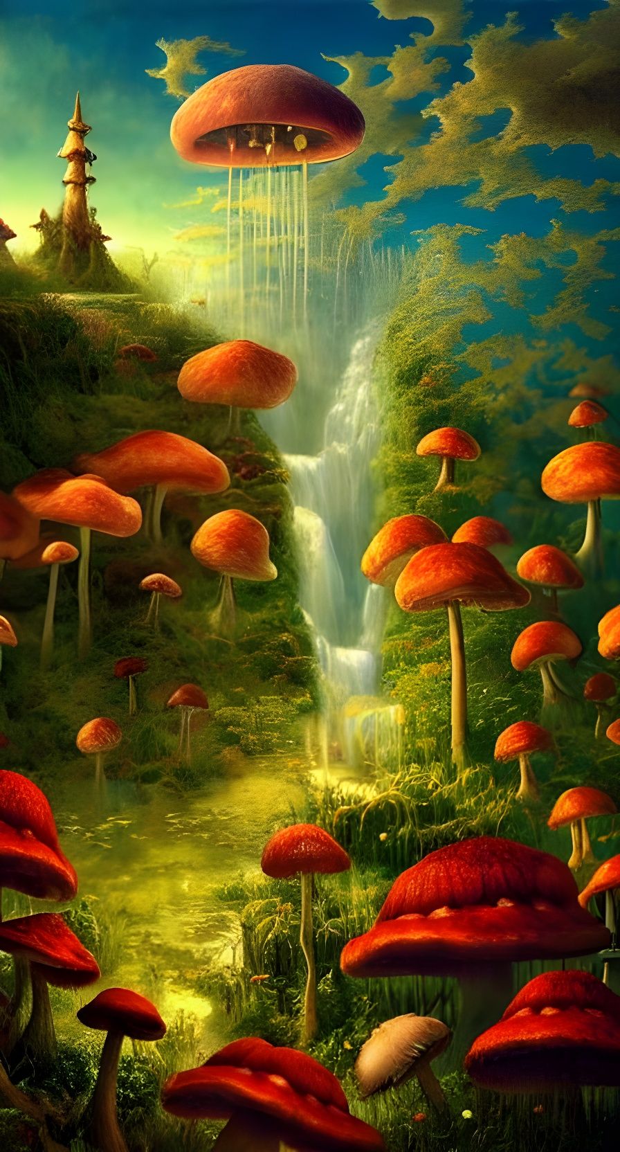 Fantasy Dreamscape Painting with Waterfalls and Caves