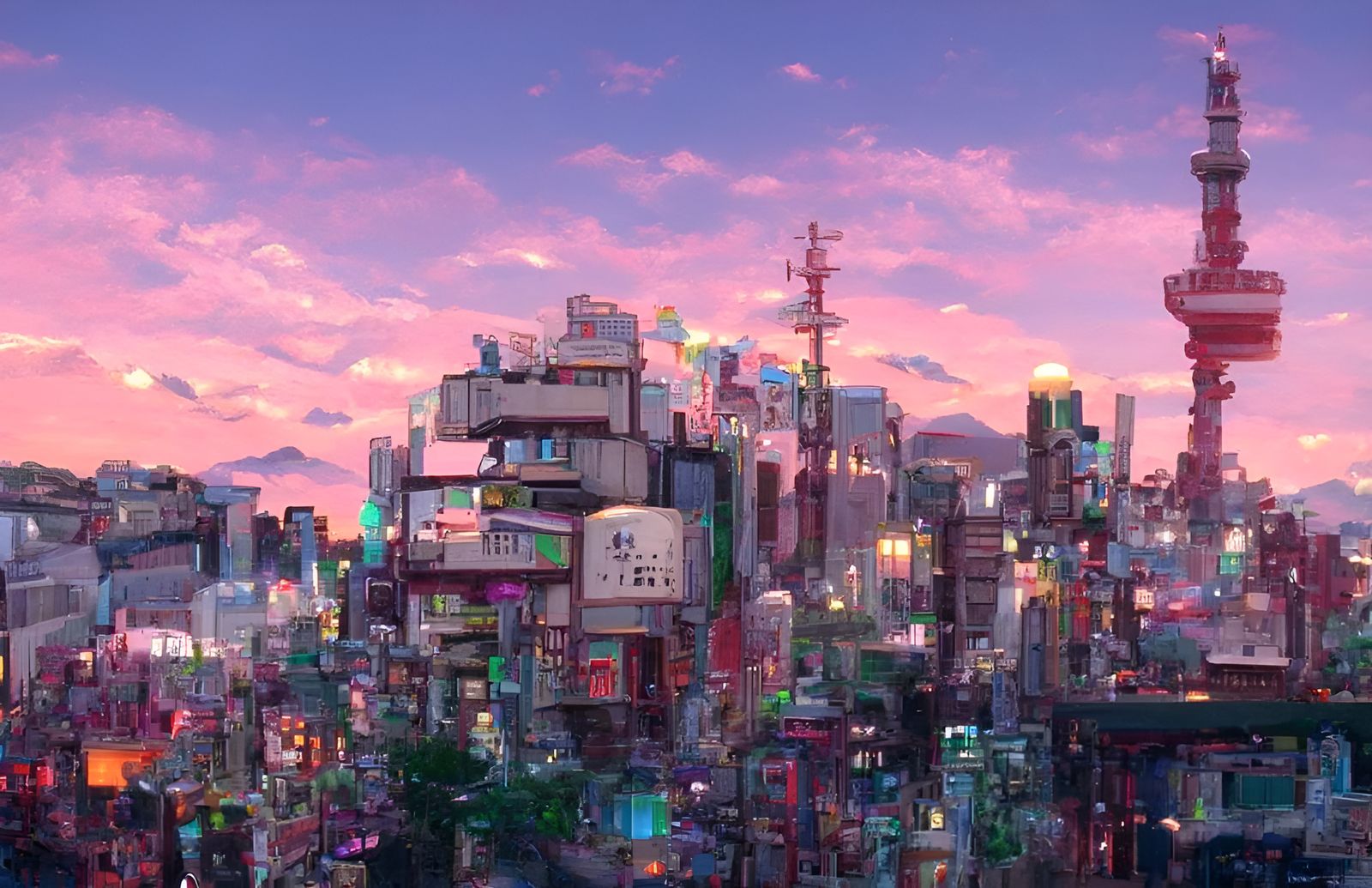 Peaceful Anime Cityscape with Neon Highlights