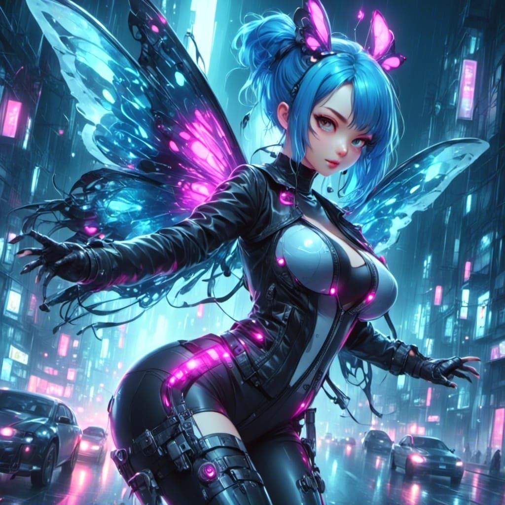 Cyberpunk Fairy in Neon Cityscape