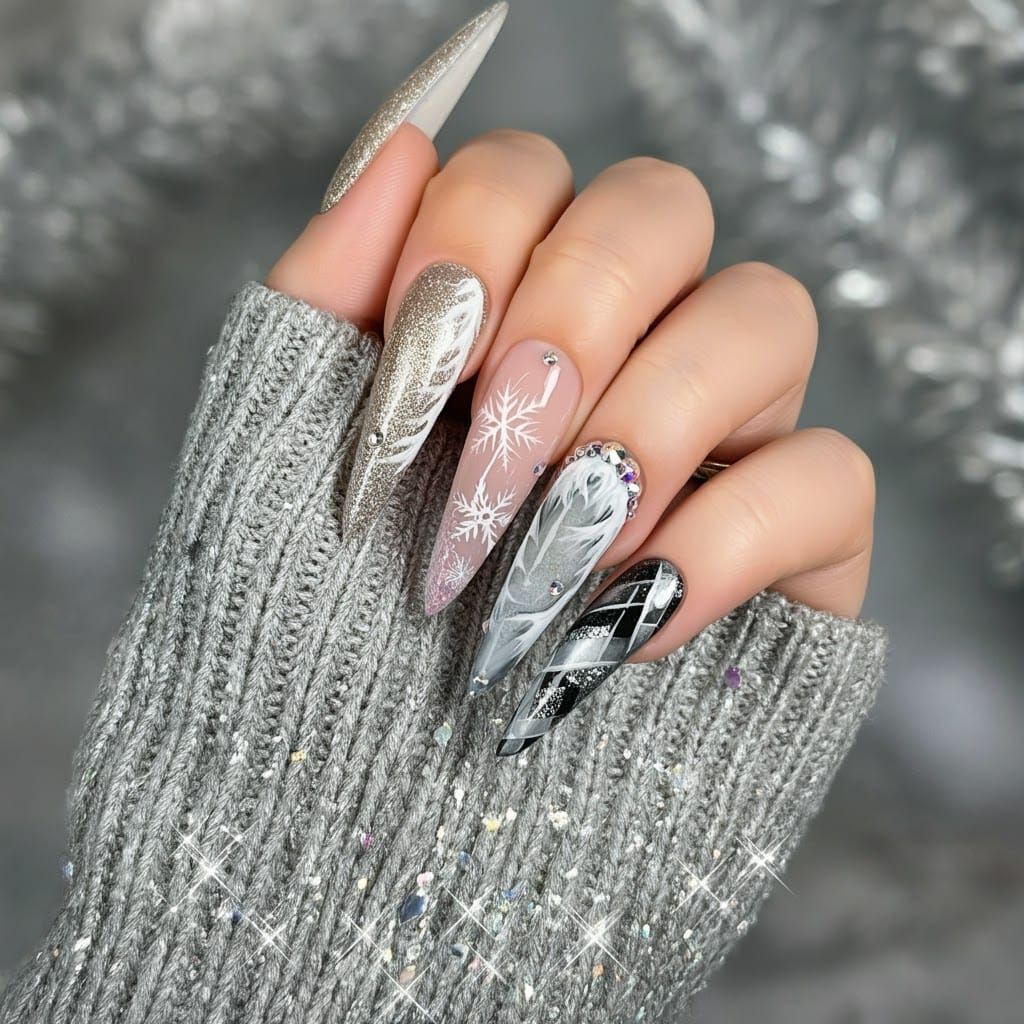 Elegant Winter Nail Art in Impressionistic Style