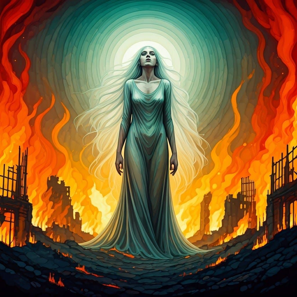 Ethereal Figure in Burning Landscape: Surreal Alcohol Ink Ar...